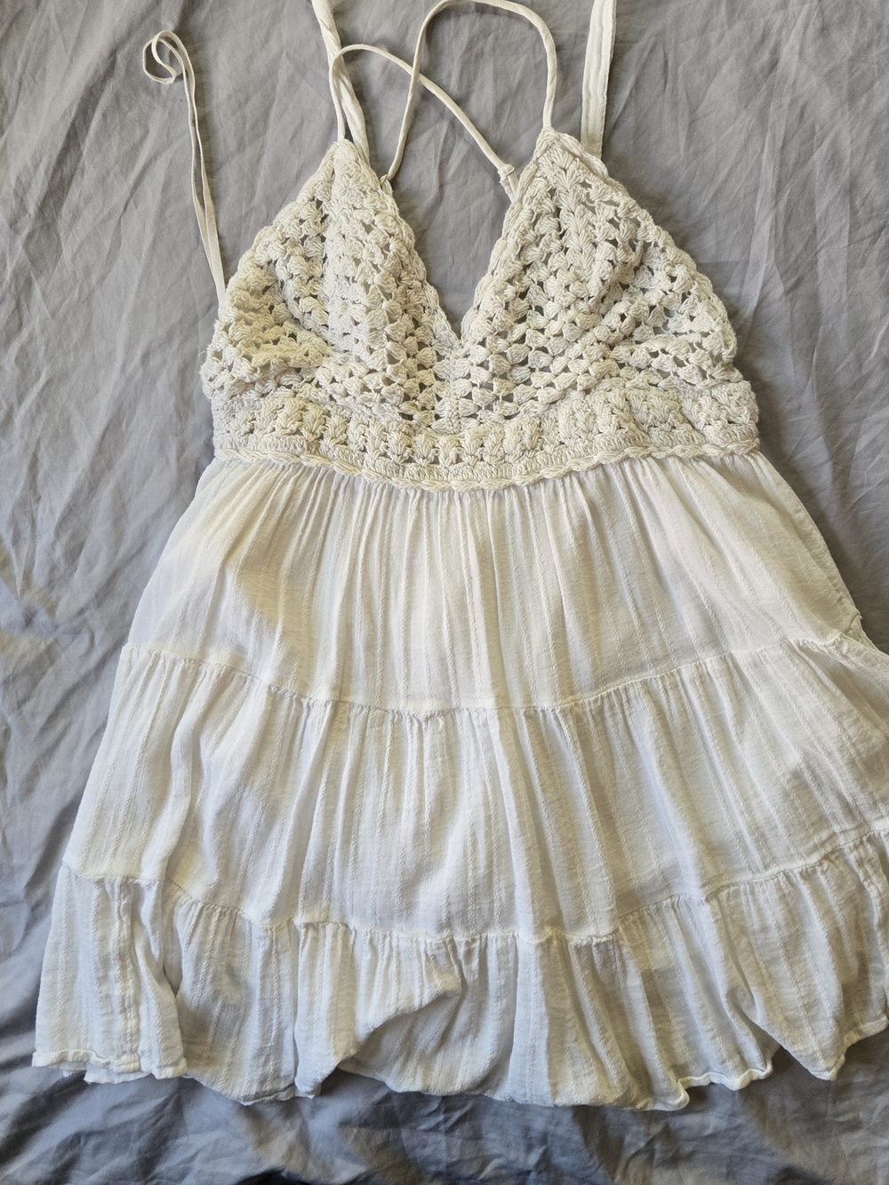 aerie Cream Crochet Bodice Tiered Mini Dress Size Large